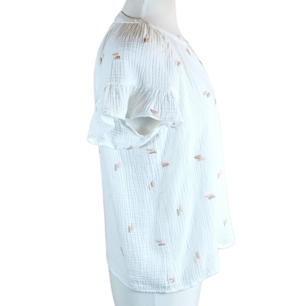 MADEWELL Embroidered Lightspun Ruffle Sleeve Henley Top White Neutral M - Picture 6 of 10